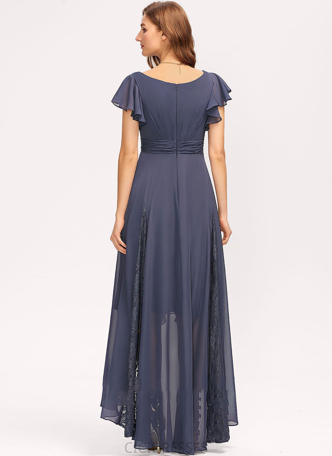 Ruffle V-neck Lace Neckline A-Line Asymmetrical Silhouette Fabric Embellishment Length Adalynn Floor Length Bridesmaid Dresses