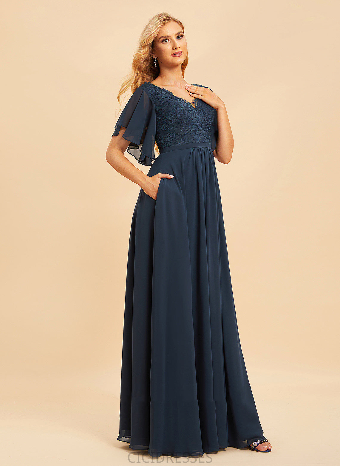 Silhouette Lace A-Line Length V-neck Neckline Fabric Embellishment SplitFront Floor-Length Kyra Straps Bridesmaid Dresses