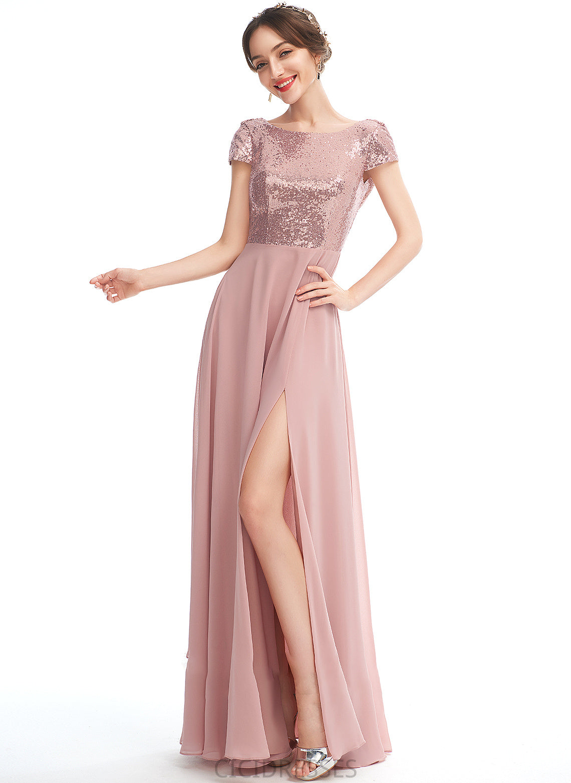 Silhouette A-Line Fabric Sequins Floor-Length Neckline Length SplitFront Embellishment ScoopNeck Emilia Sleeveless Bridesmaid Dresses