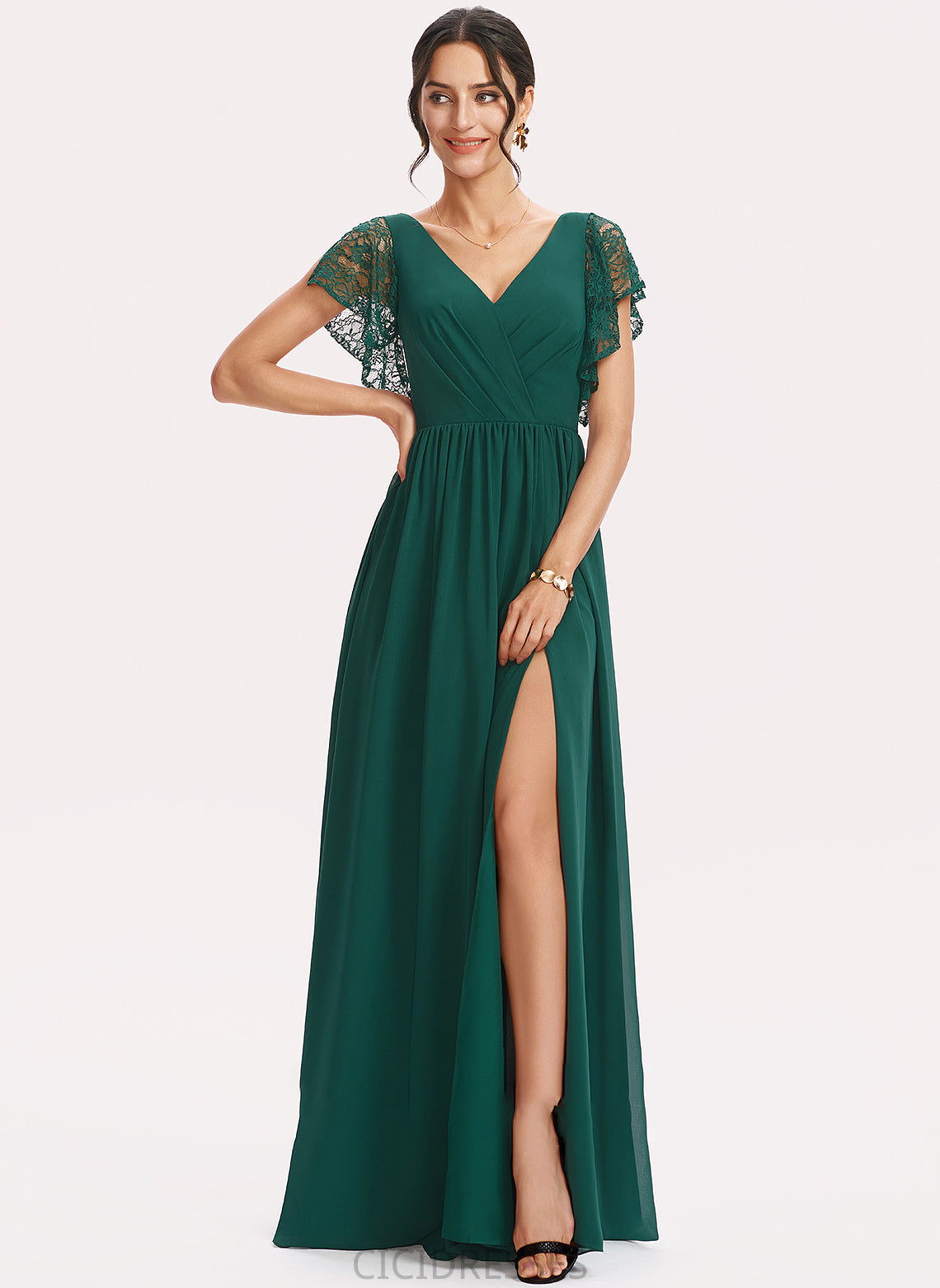 A-Line Neckline SplitFront Lace V-neck Floor-Length Length Silhouette Fabric Embellishment Kirsten Sleeveless Bridesmaid Dresses