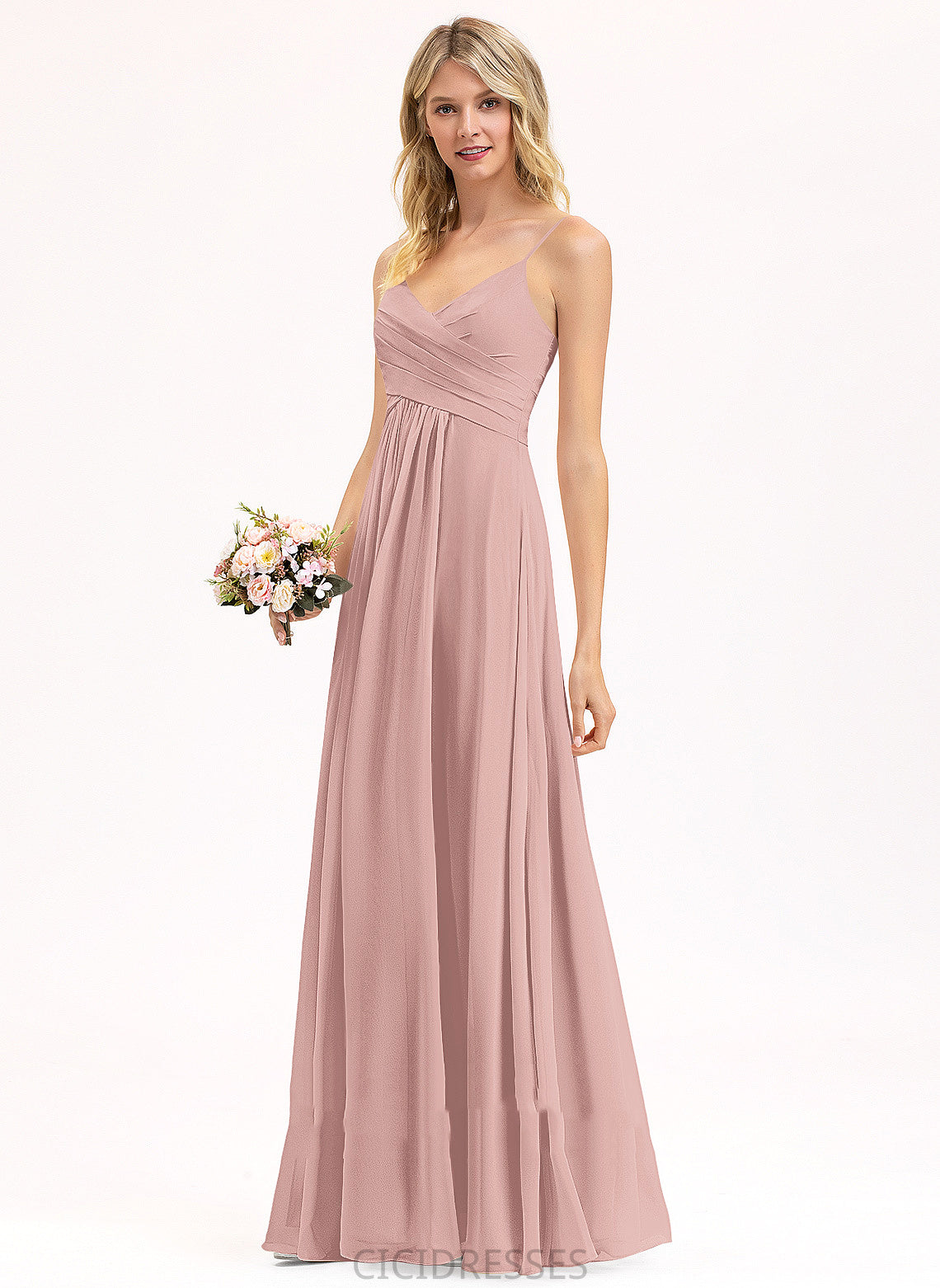 Fabric A-Line Ruffle Embellishment Silhouette Neckline Length Floor-Length V-neck Mylie Bridesmaid Dresses