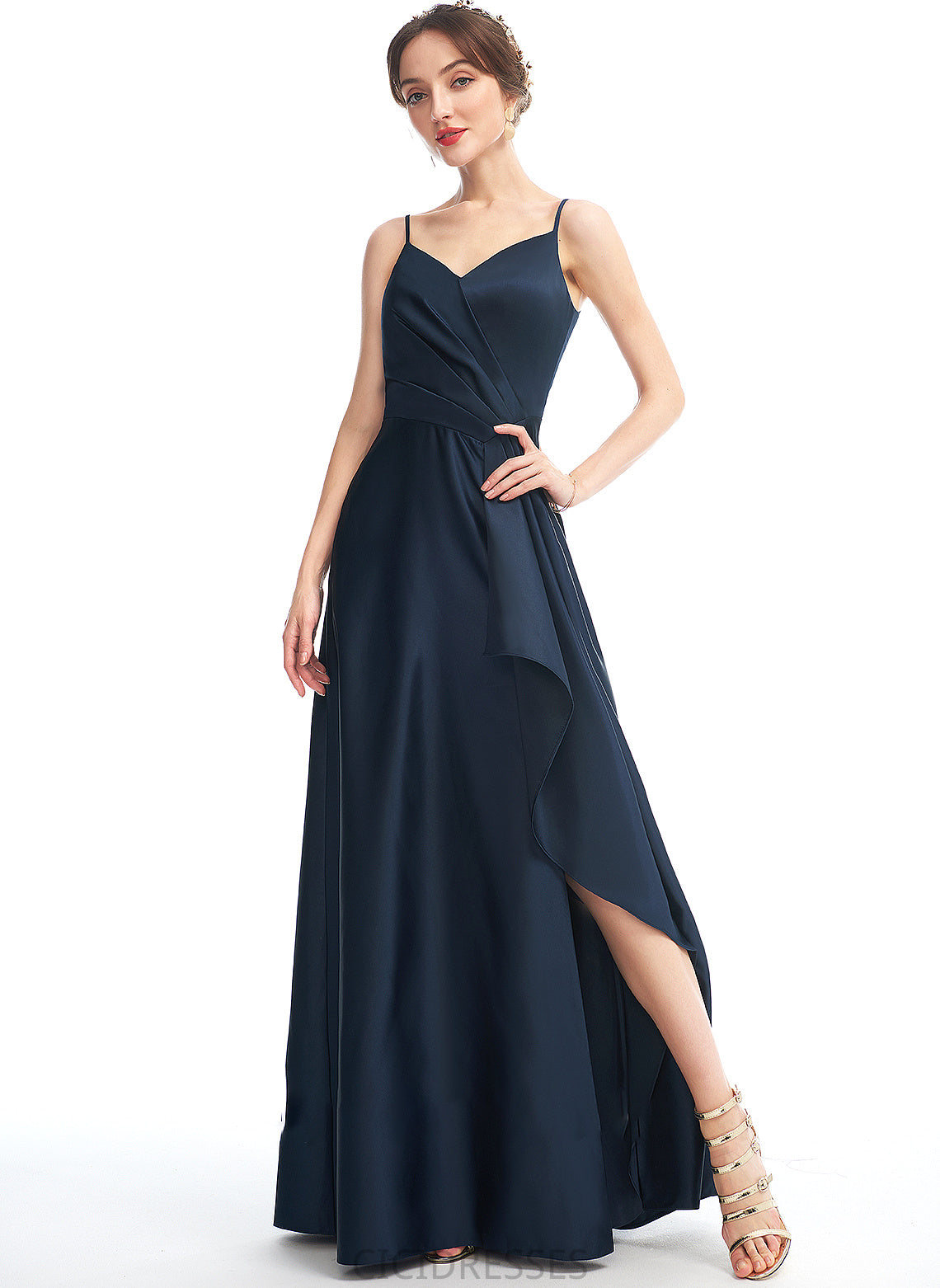 Silhouette Floor-Length Length Neckline SplitFront A-Line Fabric V-neck Pockets Embellishment Mckinley Natural Waist Bridesmaid Dresses
