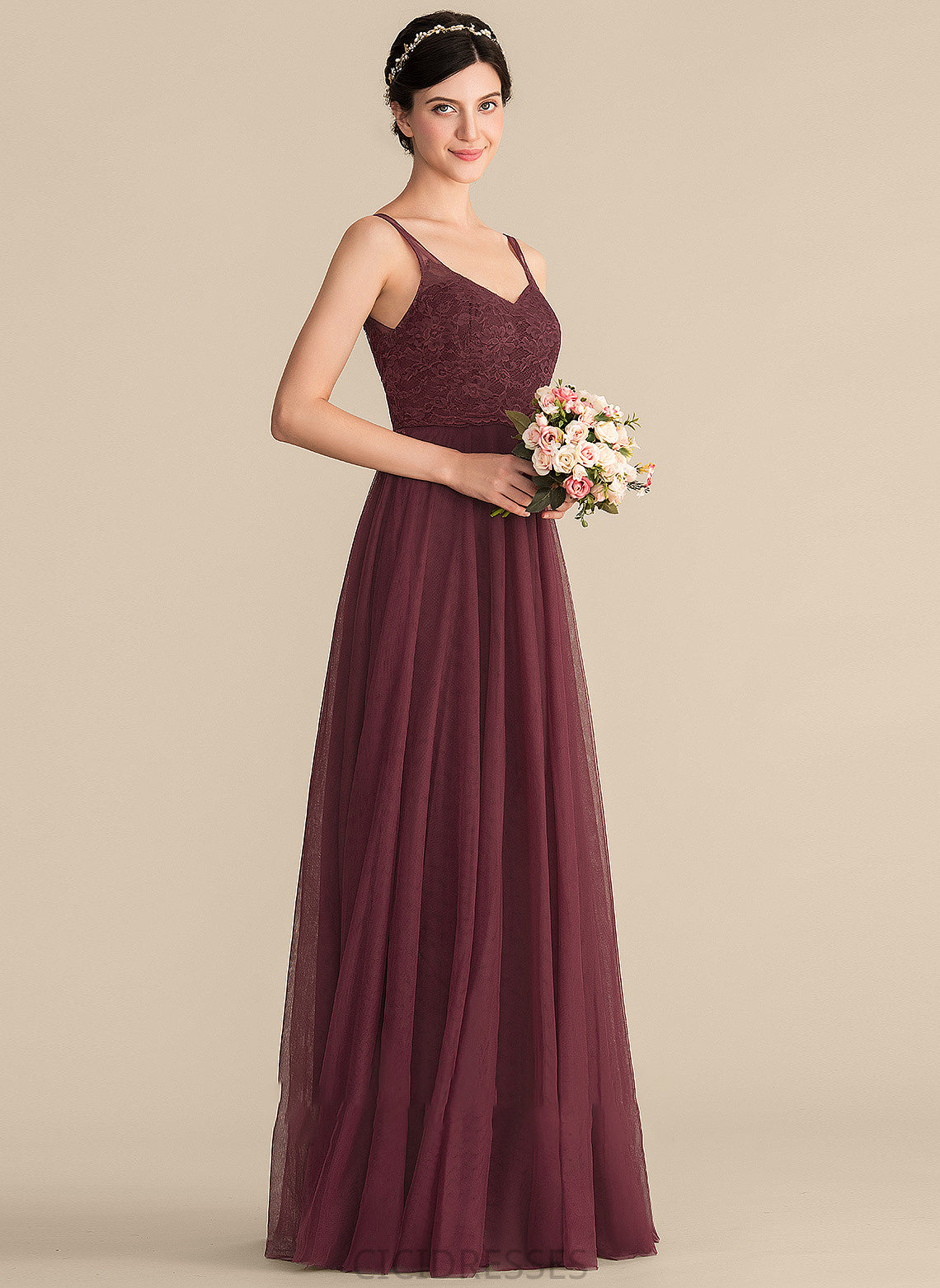 Length Tulle Fabric Lace Floor-Length A-Line Silhouette Neckline Straps V-neck Heather Floor Length Bridesmaid Dresses