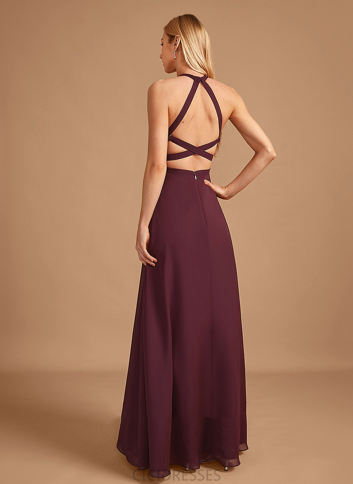 A-Line SplitFront HighNeck Embellishment Neckline Floor-Length Silhouette Length Fabric Maleah Sleeveless Natural Waist Bridesmaid Dresses