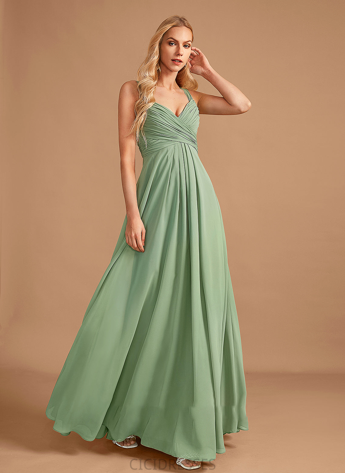 Neckline Fabric Embellishment A-Line Floor-Length Ruffle Silhouette V-neck Length Meadow Knee Length Sleeveless Bridesmaid Dresses