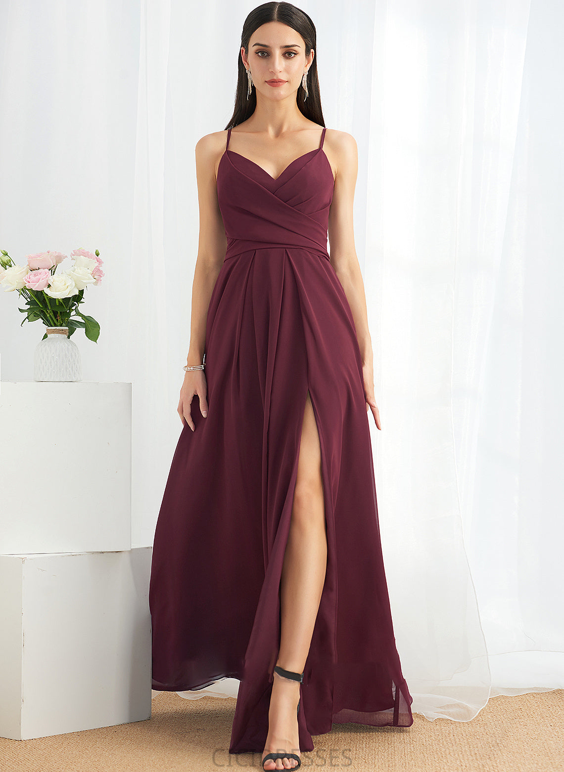 Embellishment A-Line Fabric Length V-neck Floor-Length Ruffle Silhouette SplitFront Neckline Alissa V-Neck Bridesmaid Dresses
