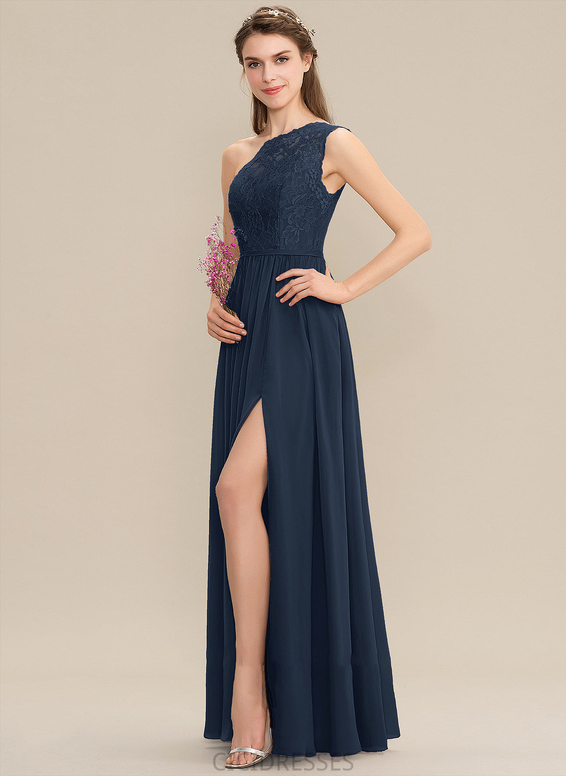 Fabric Embellishment Floor-Length One-Shoulder SplitFront Length A-Line Neckline Silhouette Muriel Straps A-Line/Princess Bridesmaid Dresses