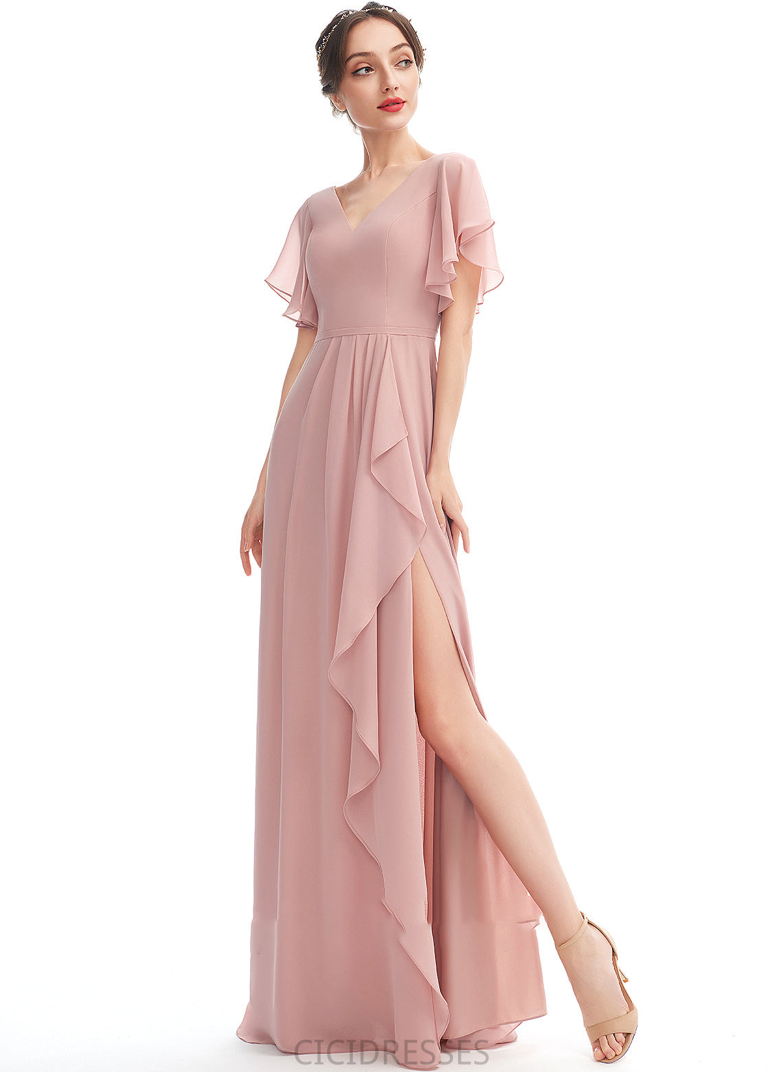 A-Line Length Ruffle Embellishment Neckline Floor-Length Fabric V-neck Silhouette SplitFront Samantha A-Line/Princess Bridesmaid Dresses
