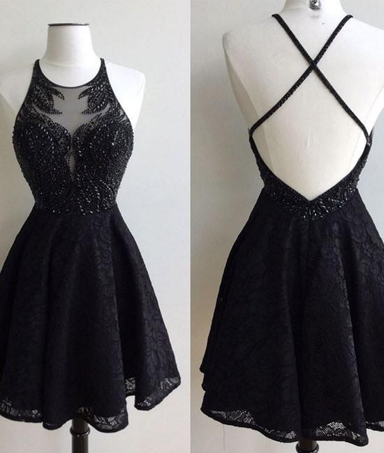 A-Line Jewel Backless Short Black Lace Homecoming Dress 2024 with Beading