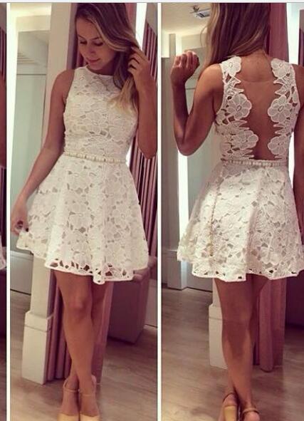 A-Line Bateau Short Illusion Back White Lace Homecoming Dress with Beading