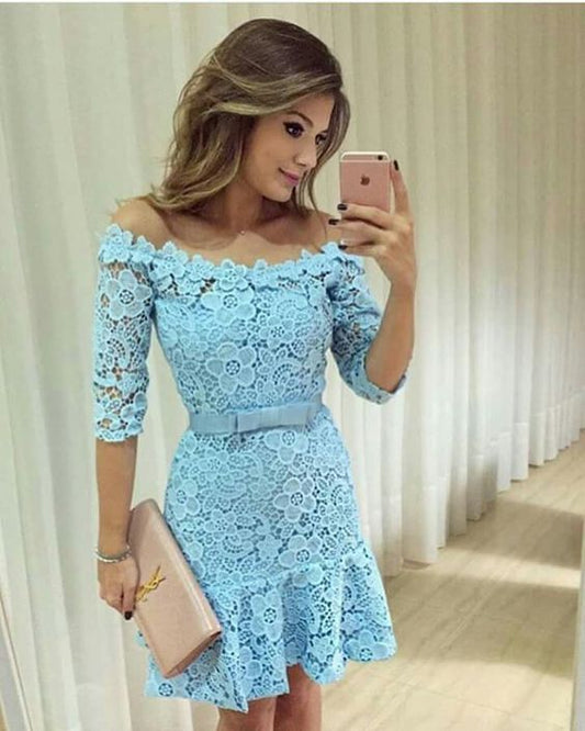 Sheath Off-the-Shoulder Above-Knee Blue Lace Homecoming Dress 2024 with Sashes