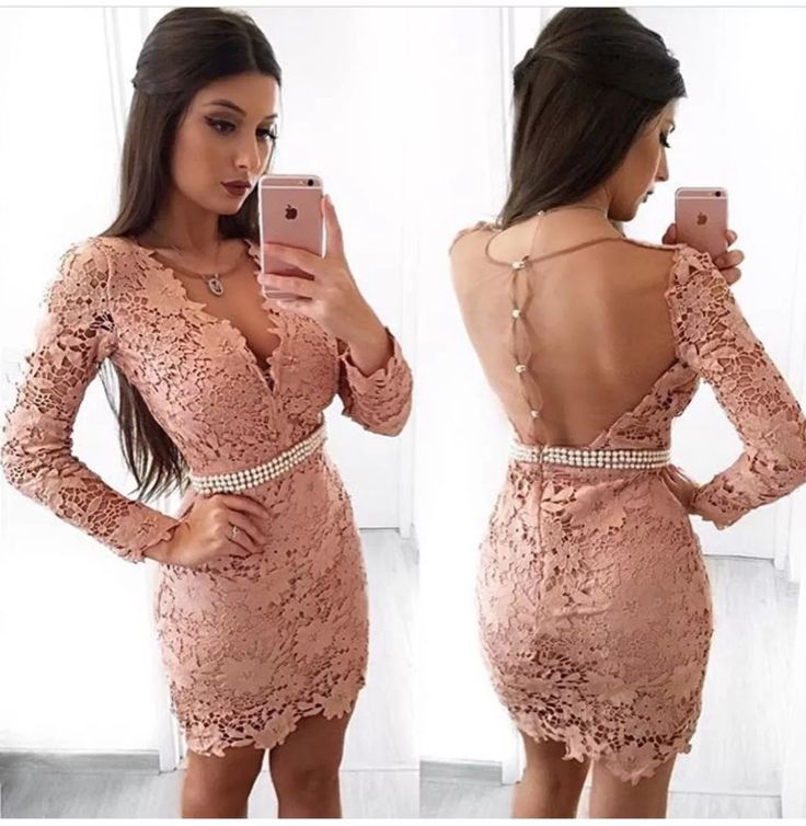 Sheath V-Neck Long Sleeves Blush Lace Homecoming Dress 2024 with Pearls