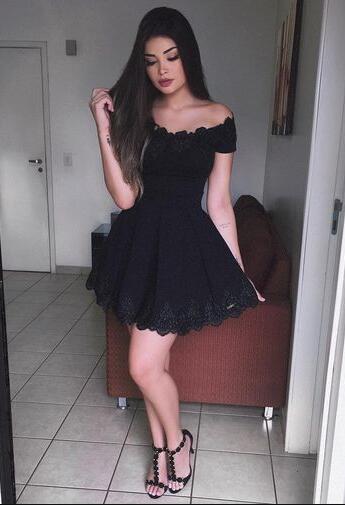 A-Line Off-the-Shoulder Short Sleeves Black Lace Homecoming Dress 2024