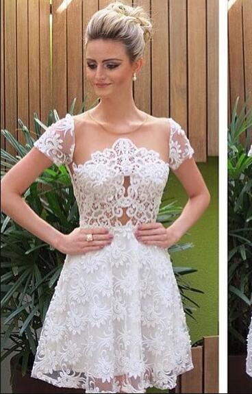 A-Line Jewel Short Sleeves White Lace Homecoming Dress 2024 with Illusion Back