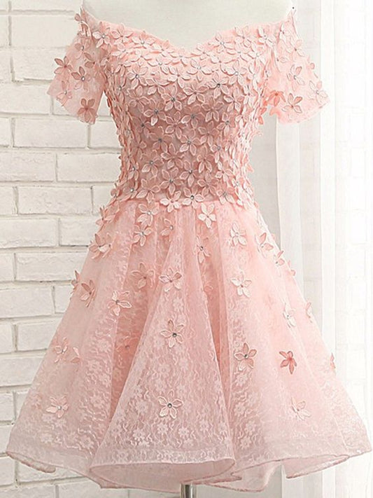 A-Line Off-the-Shoulder Appliques Short Coral Lace Homecoming Dress 2024