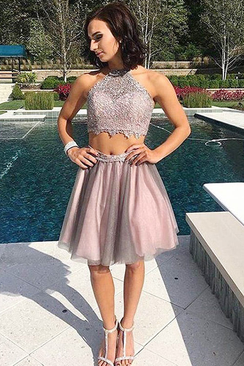 Two Piece Jewel Open Back Short Blush Tulle Homecoming/Prom Dresses
