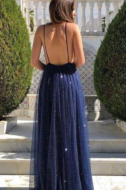Sexy A Line Spaghetti Straps Deep V Neck Sequins Backless Long Prom Dresses N2482