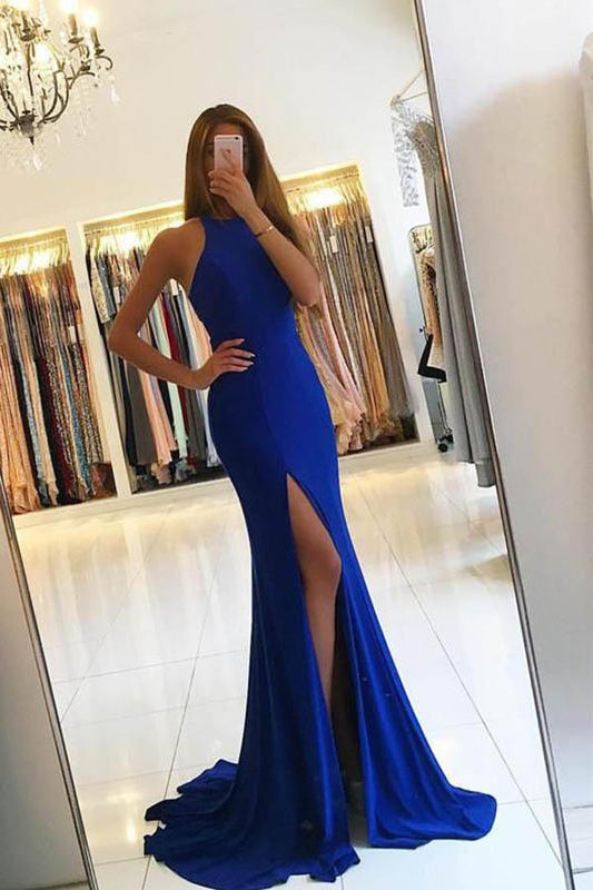 2024 Sexy Royal Blue Satin Side Slit Prom Dresses