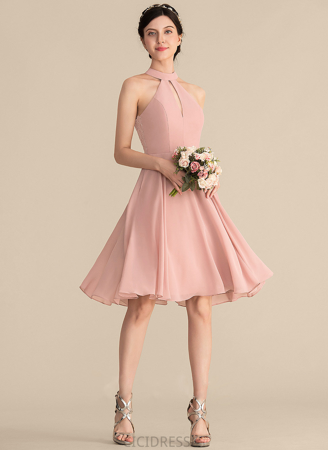 Lace Fabric Pockets Knee-Length Length ScoopNeck Silhouette Neckline A-Line Embellishment Kierra Sleeveless Bridesmaid Dresses