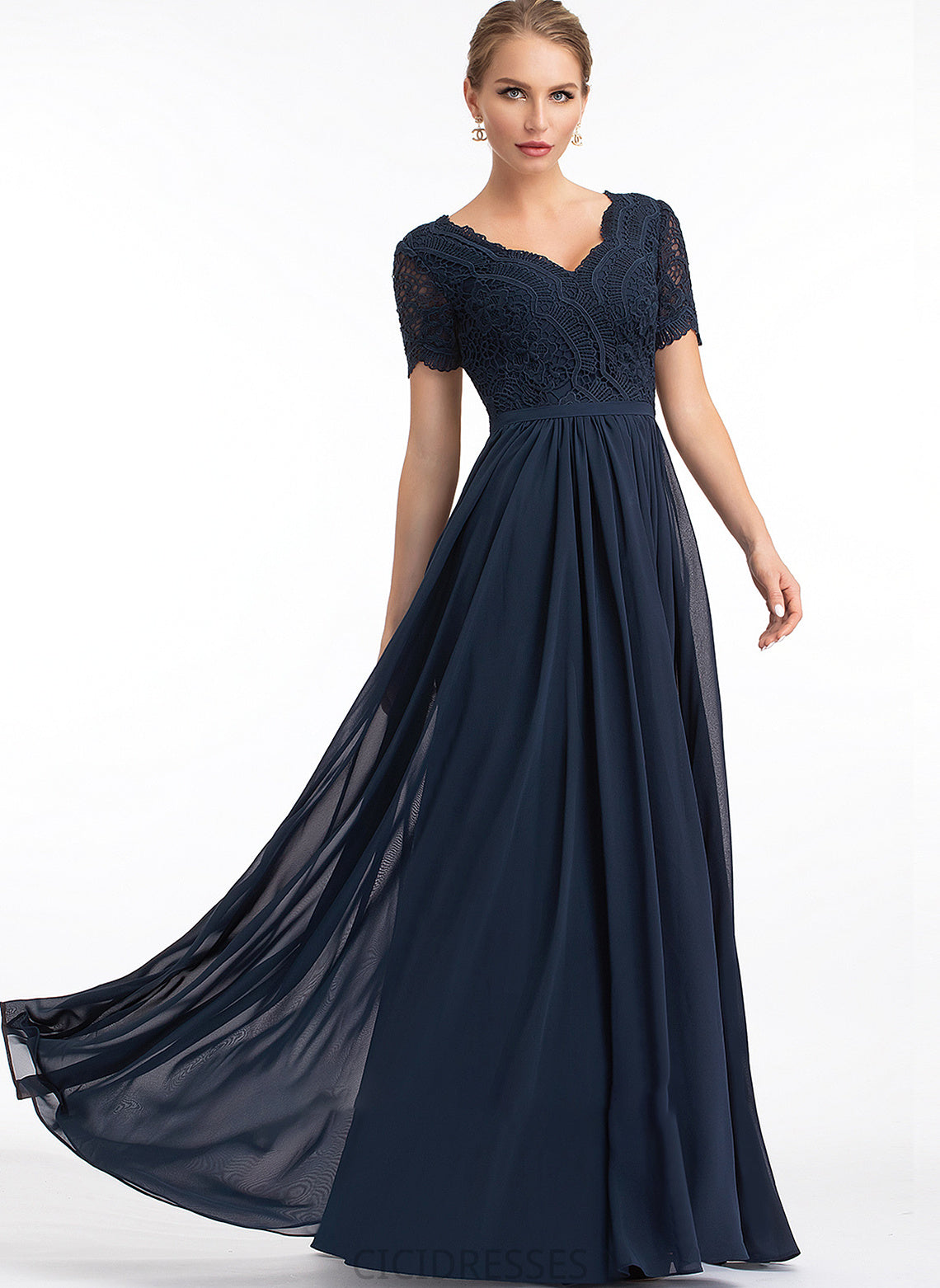 Lace V-neck Floor-Length Sleeve A-Line Length Silhouette Fabric Neckline Bridget Natural Waist Sleeveless Bridesmaid Dresses