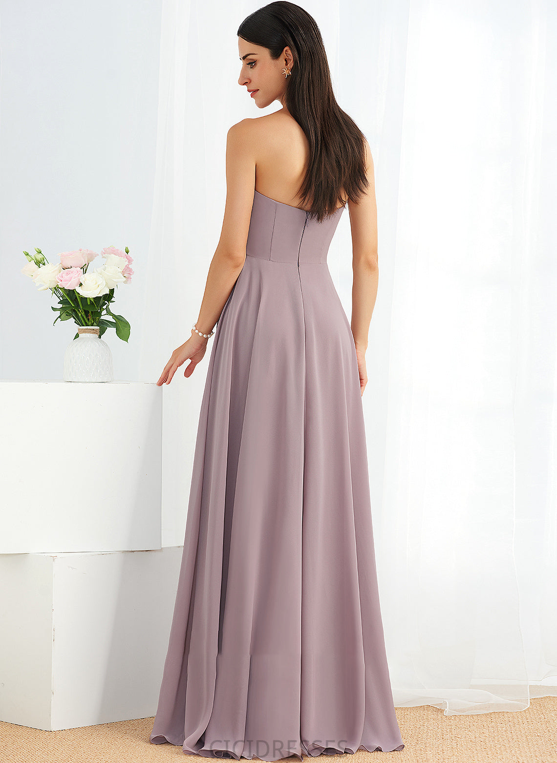Floor-Length Fabric Length Neckline Strapless Silhouette SplitFront A-Line Embellishment Caroline Sweetheart A-Line/Princess Bridesmaid Dresses