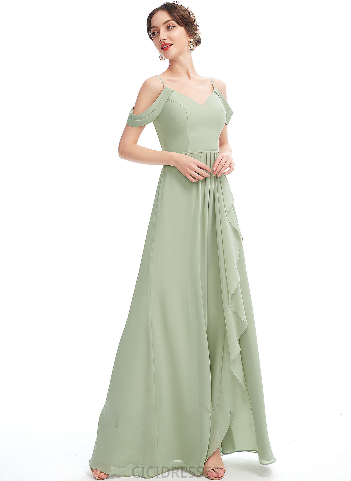 Silhouette V-neck Embellishment Floor-Length Neckline SplitFront A-Line Fabric Length Ruffle Arianna Straps Bridesmaid Dresses
