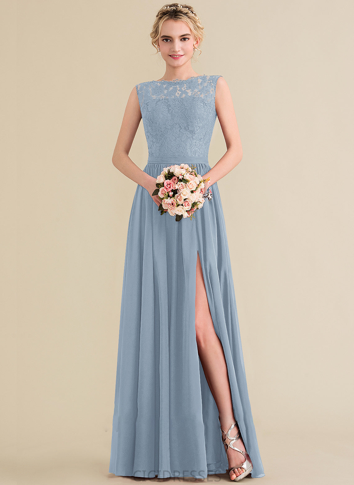 Neckline Fabric ScoopNeck Floor-Length Embellishment SplitFront Length A-Line Silhouette Moriah Natural Waist V-Neck Bridesmaid Dresses