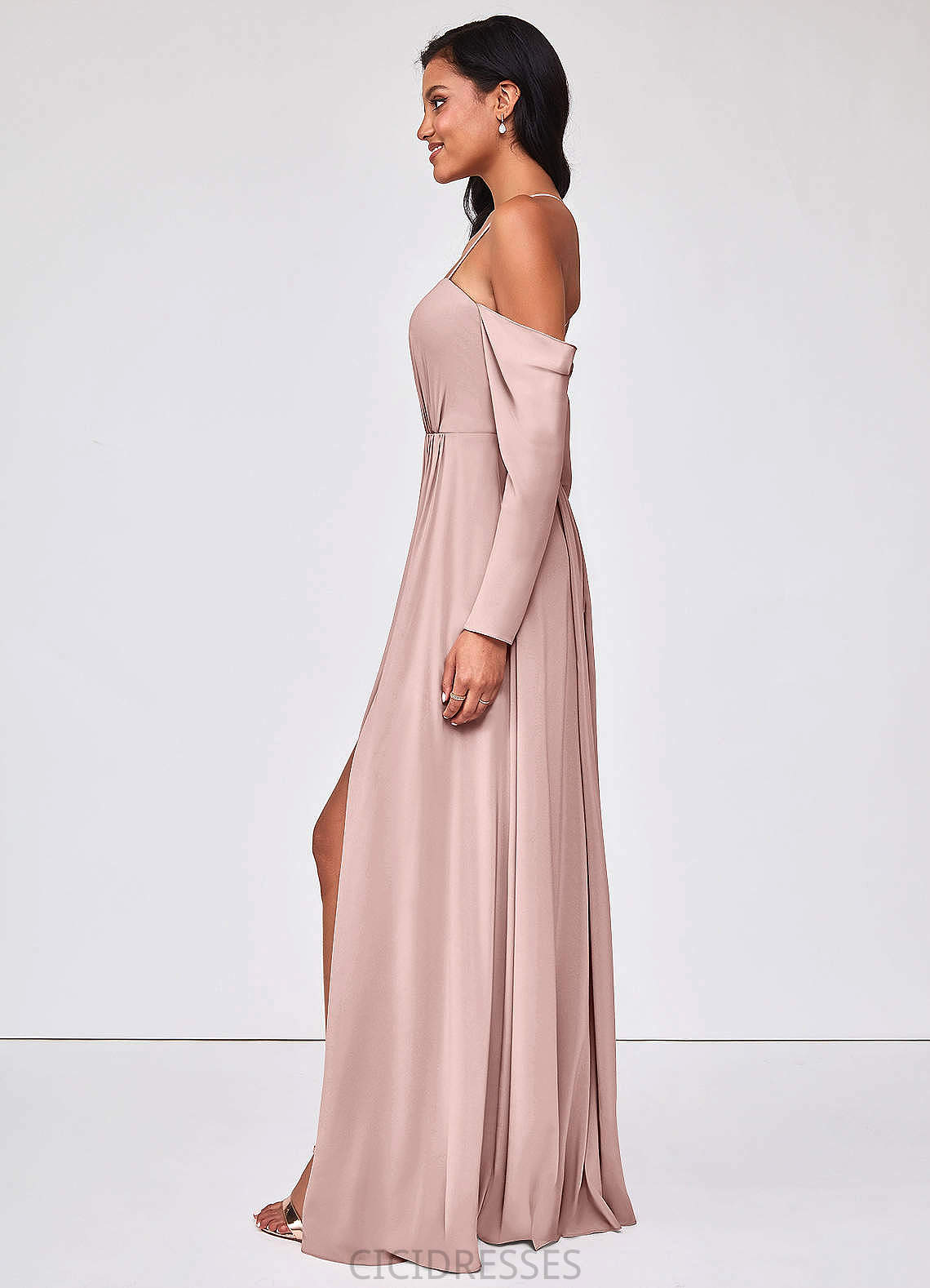 Shea Sheath/Column Natural Waist V-Neck Floor Length Satin Sleeveless Bridesmaid Dresses