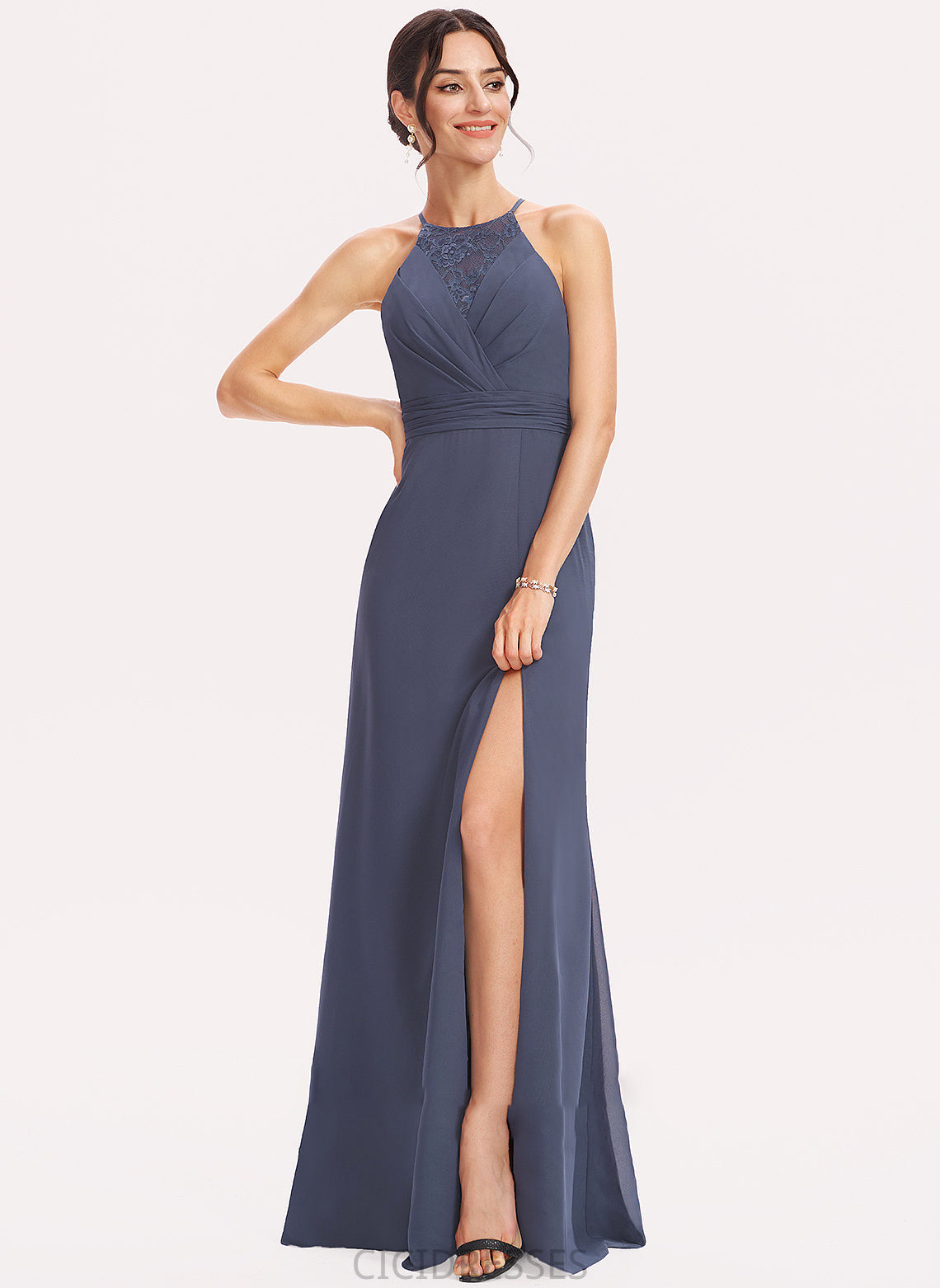 Length Halter SplitFront Neckline Floor-Length Lace Embellishment A-Line Fabric Silhouette Itzel Natural Waist Bridesmaid Dresses