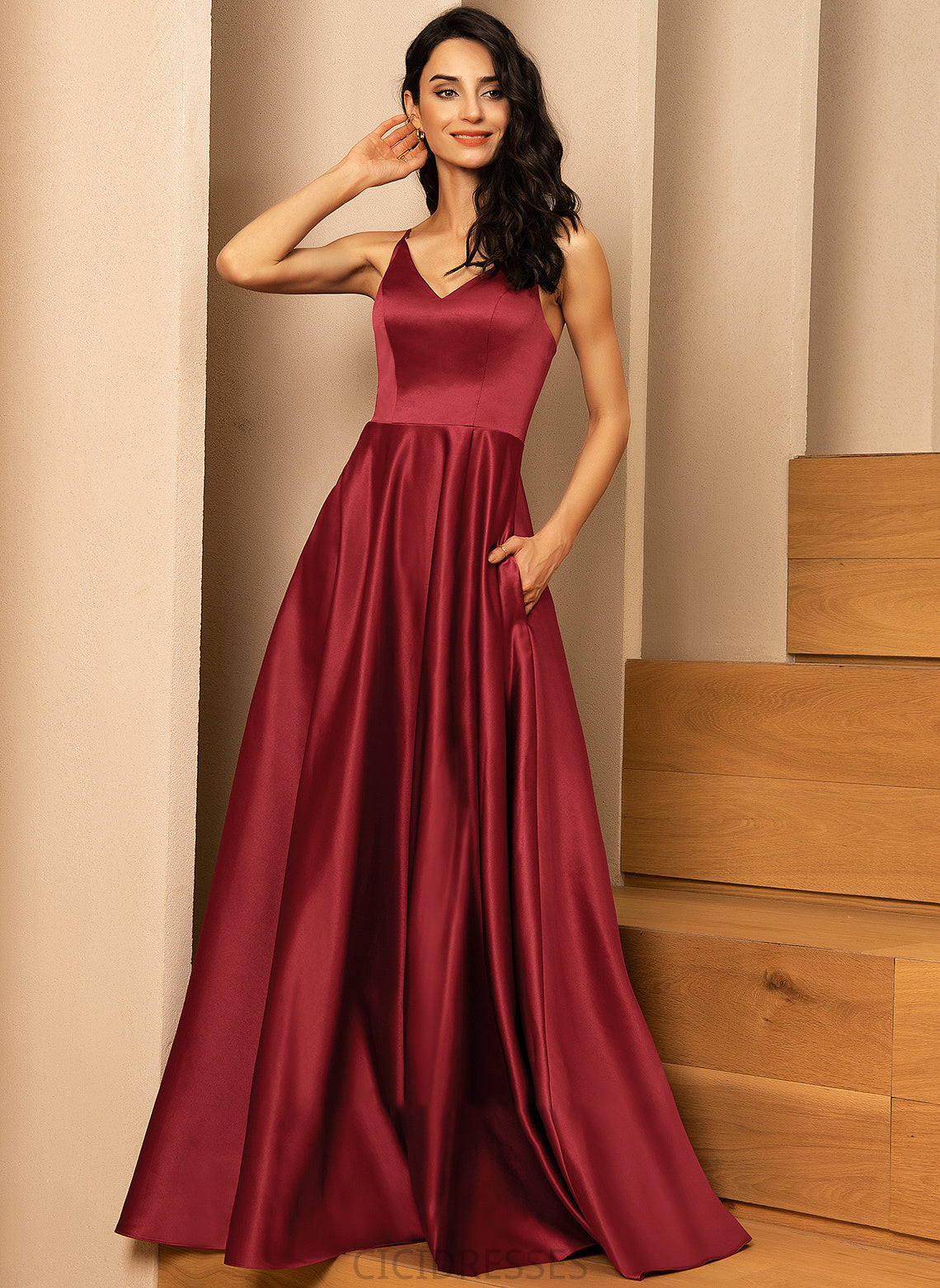 Neckline Embellishment Pockets A-Line Floor-Length Silhouette Length V-neck Fabric Jayda Natural Waist Sleeveless Bridesmaid Dresses