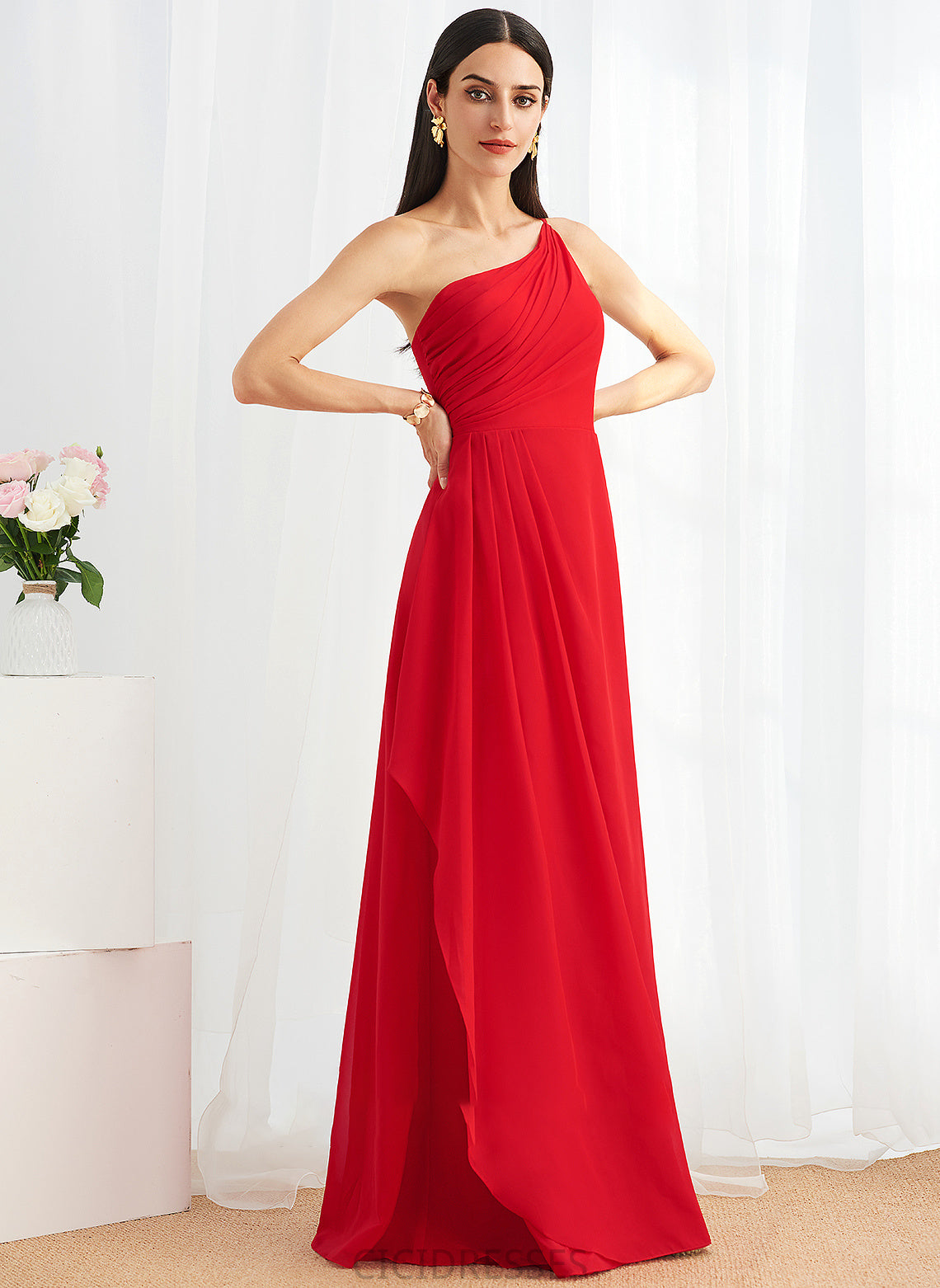 One-Shoulder A-Line Floor-Length Neckline Silhouette Ruffle Length Embellishment Fabric SplitFront Luciana Scoop Bridesmaid Dresses