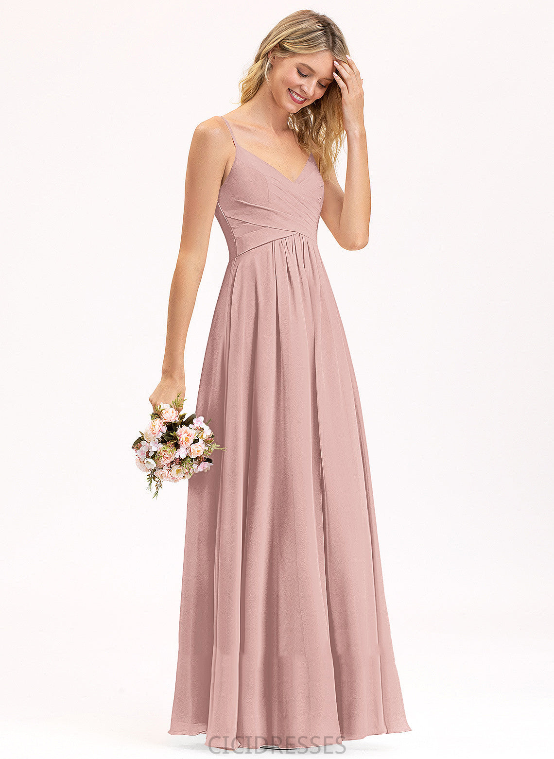 Fabric A-Line Ruffle Embellishment Silhouette Neckline Length Floor-Length V-neck Mylie Bridesmaid Dresses