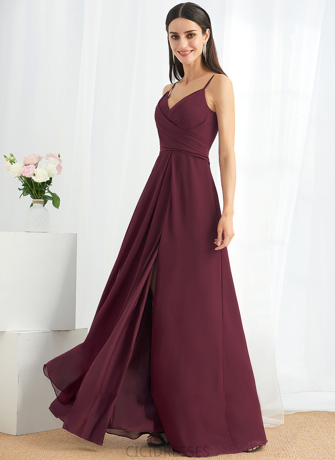 Embellishment A-Line Fabric Length V-neck Floor-Length Ruffle Silhouette SplitFront Neckline Alissa V-Neck Bridesmaid Dresses
