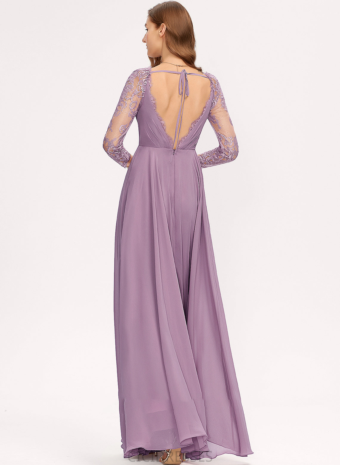 Fabric Length Silhouette V-neck Lace Straps Floor-Length A-Line Neckline Lesly Natural Waist Off The Shoulder Bridesmaid Dresses