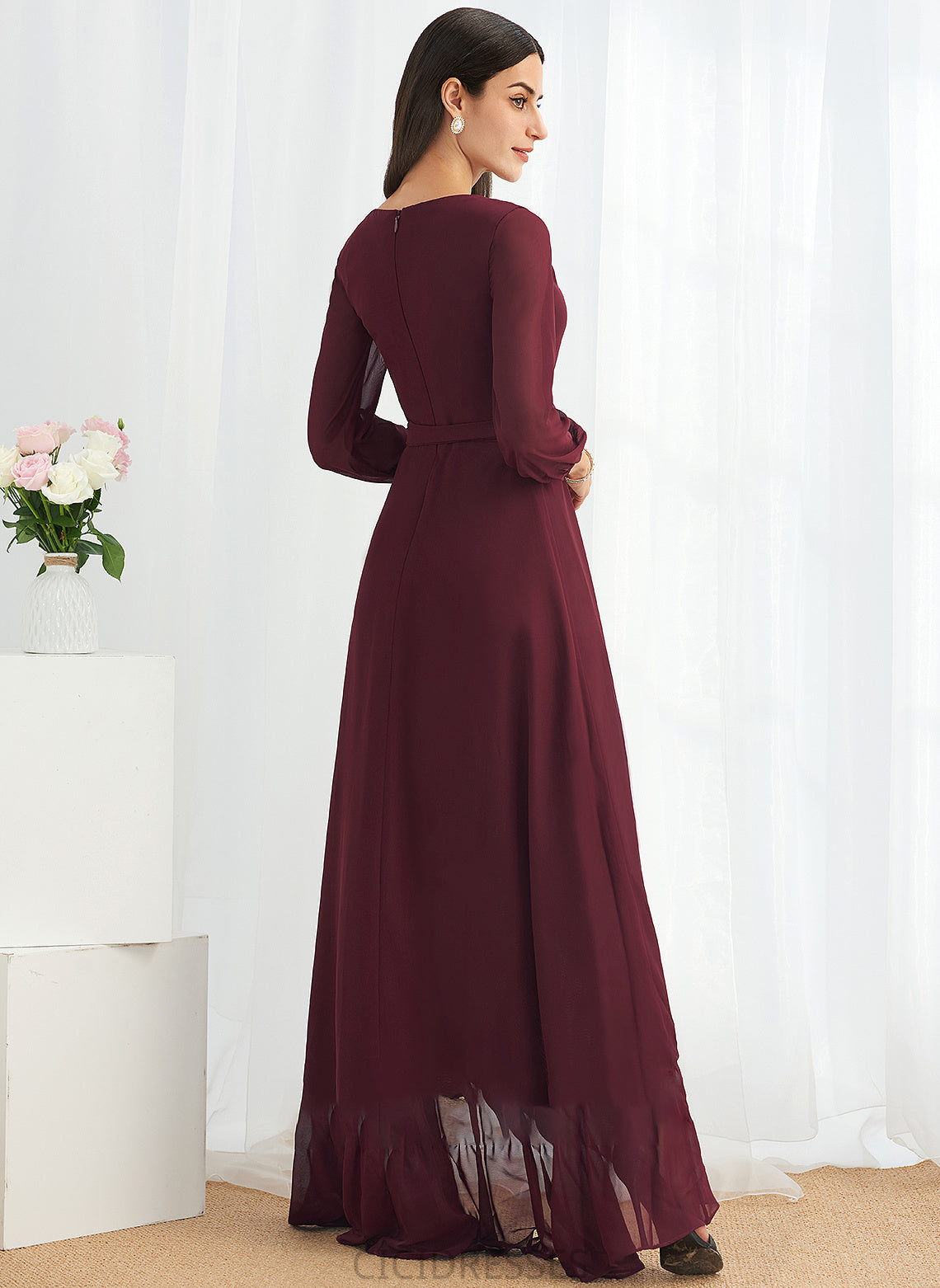 Silhouette A-Line Ruffle Embellishment Asymmetrical SplitFront V-neck Fabric Length Neckline Zion Floor Length Bridesmaid Dresses
