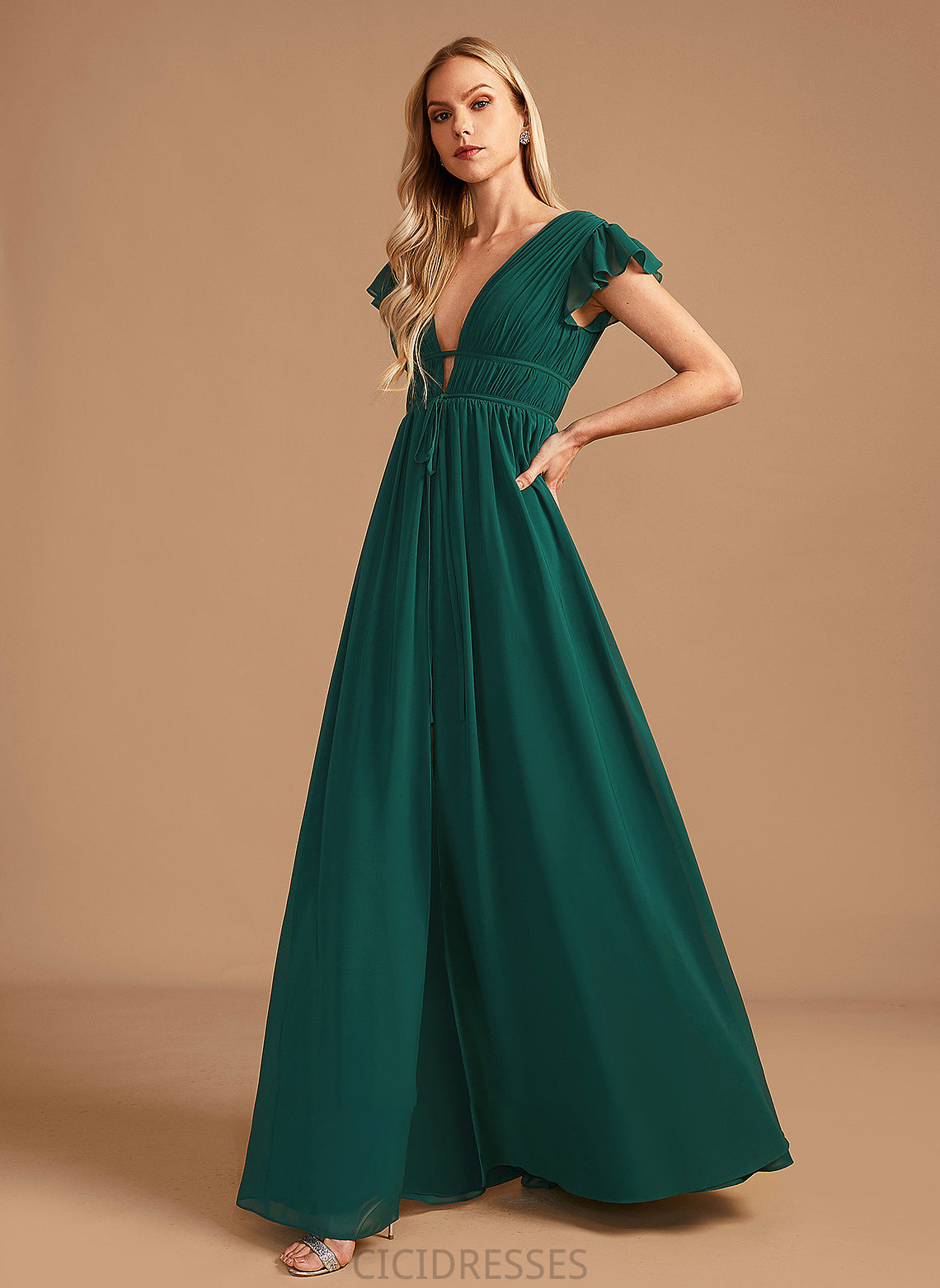 Neckline Silhouette Floor-Length Embellishment A-Line SplitFront Length V-neck Fabric Annabel V-Neck Natural Waist Bridesmaid Dresses