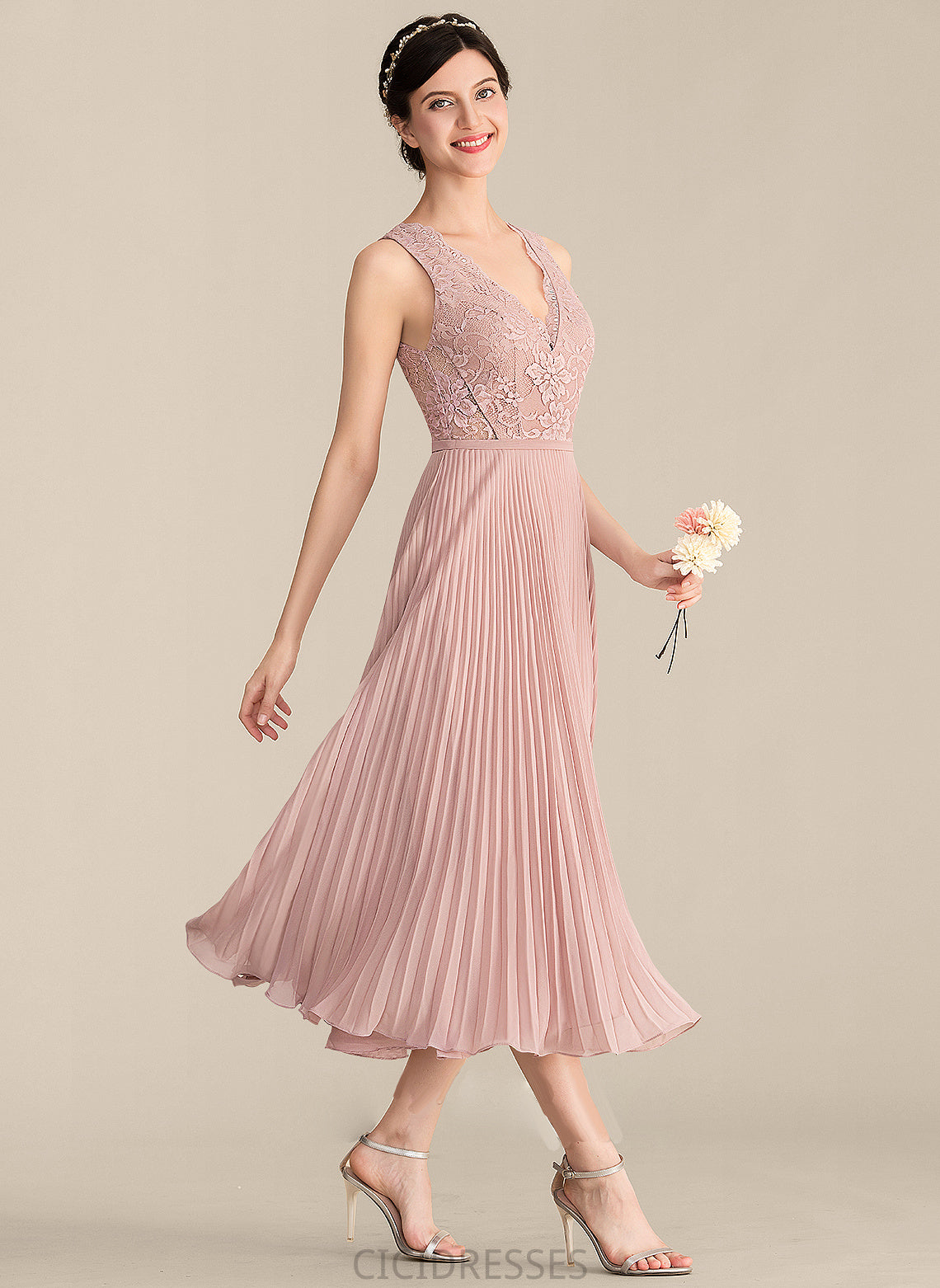 Length Fabric A-Line Neckline Embellishment Silhouette V-neck Tea-Length Pleated Michaela Natural Waist Sleeveless Bridesmaid Dresses