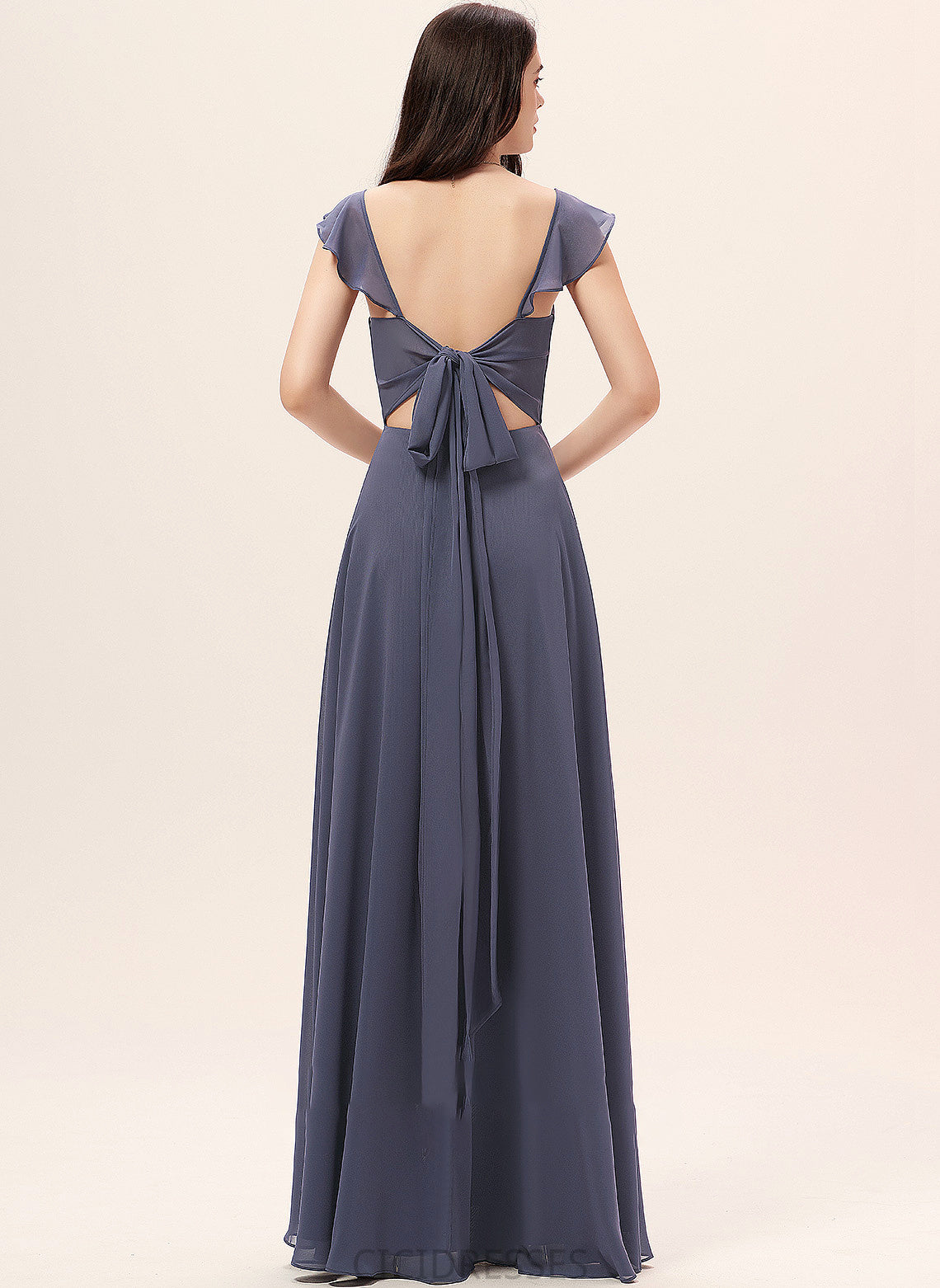 A-Line Floor-Length SplitFront Length Embellishment Silhouette Neckline Fabric V-neck Ashly Natural Waist Scoop Bridesmaid Dresses