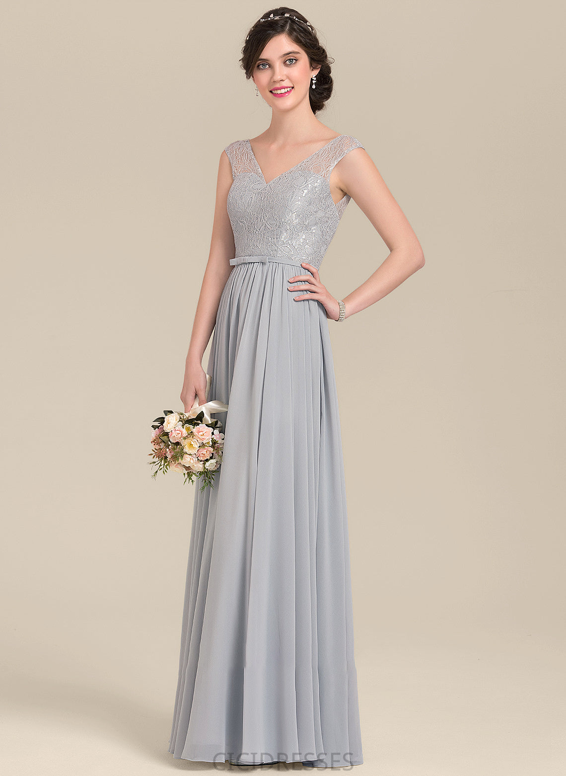 Length Floor-Length Bow(s) Silhouette Fabric Embellishment V-neck Neckline A-Line Zion V-Neck Sleeveless Bridesmaid Dresses