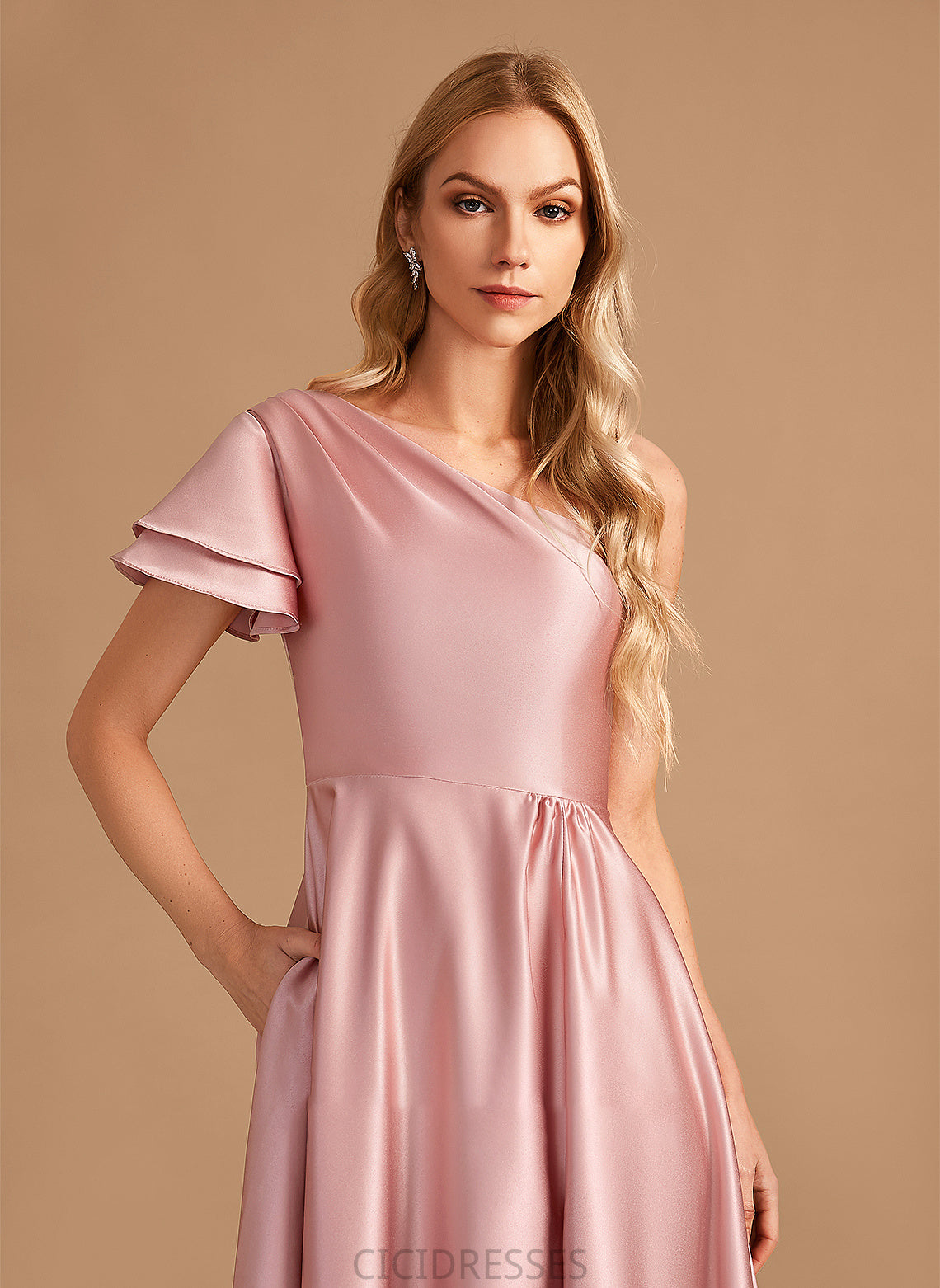 SplitFront Neckline Fabric A-Line One-Shoulder Floor-Length Length Embellishment Silhouette Jaylyn A-Line/Princess V-Neck Bridesmaid Dresses
