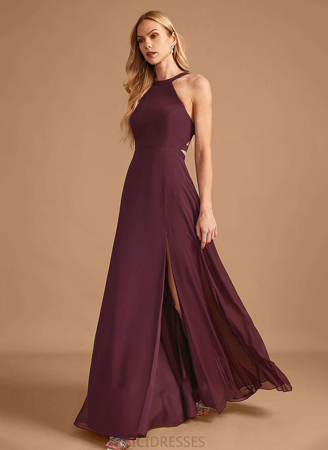 A-Line SplitFront HighNeck Embellishment Neckline Floor-Length Silhouette Length Fabric Maleah Sleeveless Natural Waist Bridesmaid Dresses
