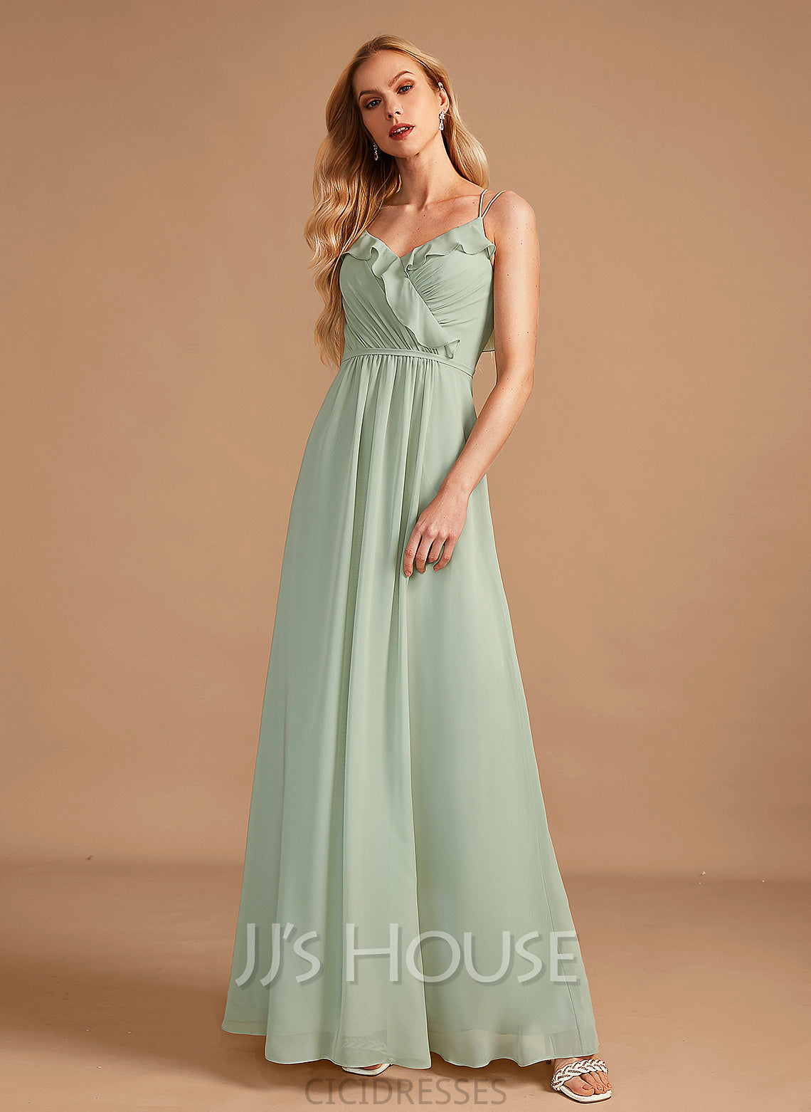 Length Embellishment V-neck Silhouette Floor-Length Neckline Ruffle A-Line Fabric Katelyn Natural Waist Sleeveless Bridesmaid Dresses