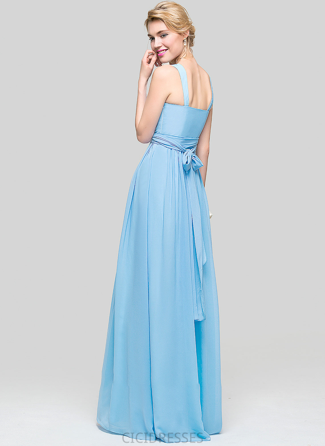 Embellishment Silhouette Neckline Length Floor-Length V-neck A-Line Bow(s) Fabric Ruffle Salma Sleeveless Bridesmaid Dresses