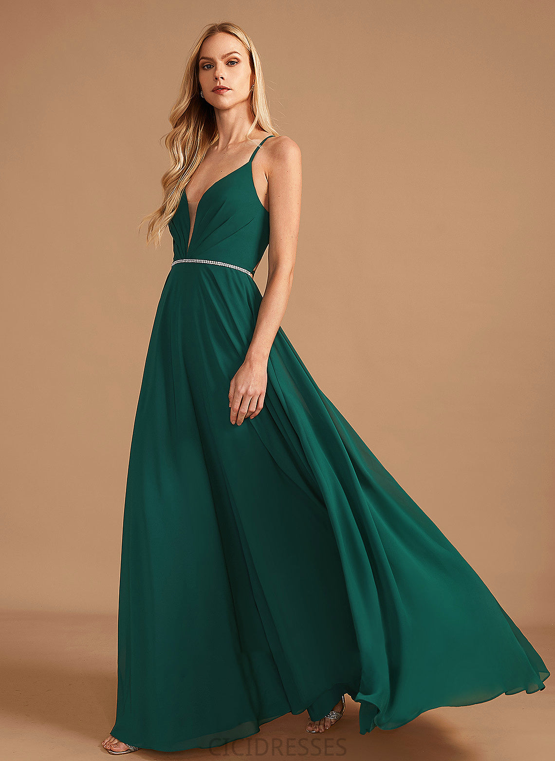 Fabric V-neck Floor-Length Embellishment Length Beading Neckline Silhouette A-Line Belinda Sleeveless V-Neck Bridesmaid Dresses