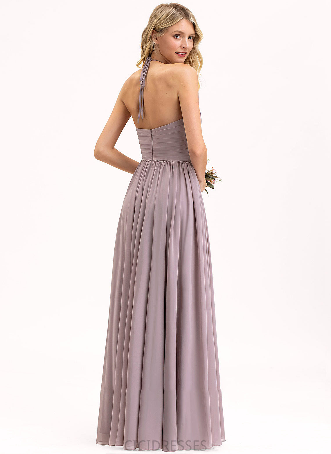 Embellishment Fabric Silhouette Halter Length Neckline Ruffle Floor-Length Empire Bow(s) Jaslyn Sleeveless Bridesmaid Dresses