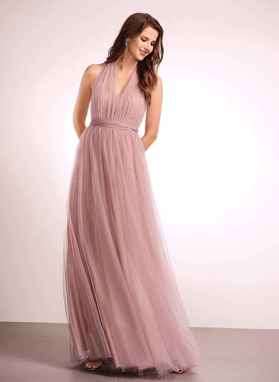 Floor-Length Silhouette Neckline Off-the-Shoulder One-Shoulder Fabric Tulle V-neck Length A-Line Straps Peyton Bridesmaid Dresses
