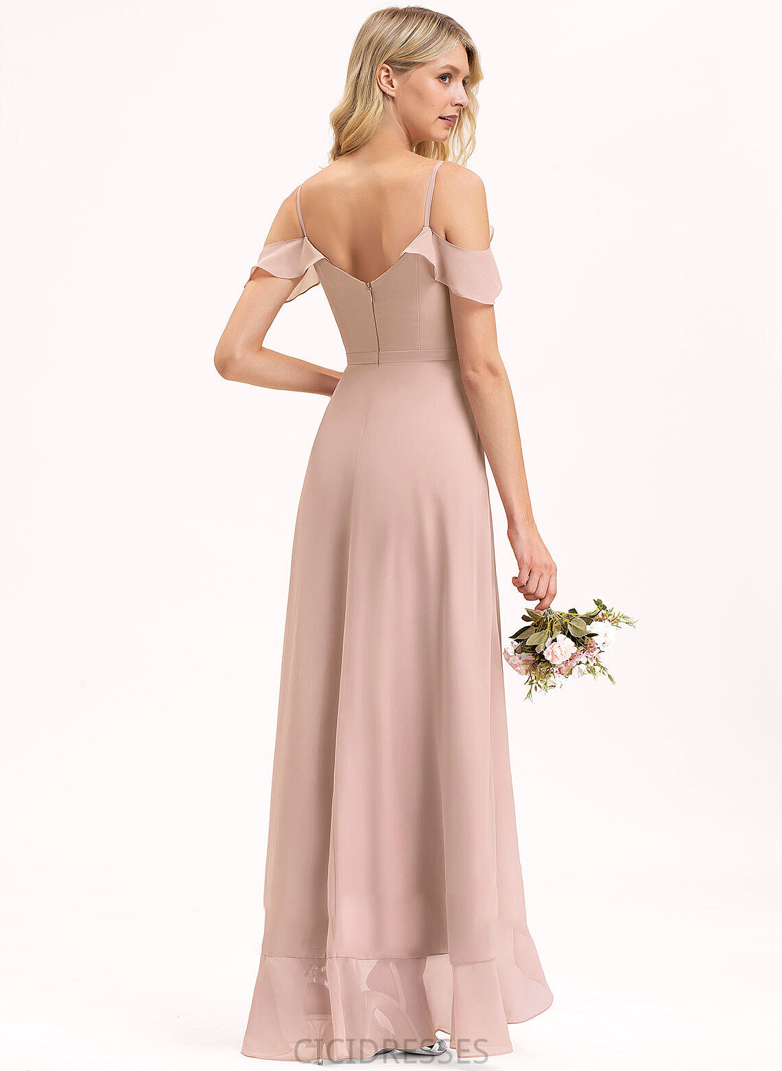 Neckline CascadingRuffles Fabric V-neck Embellishment A-Line Length Silhouette Asymmetrical Aubrie Velvet Sleeveless Bridesmaid Dresses