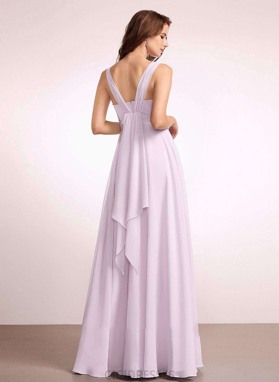 Length V-neck Embellishment Ruffle Neckline Silhouette Floor-Length Fabric A-Line Lauryn Natural Waist A-Line/Princess Bridesmaid Dresses