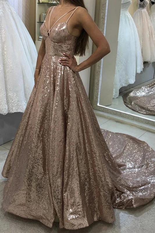 Shiny Puffy Sleeveless Sequined Court Train Prom Dress, Sparkly Sequin Evening Dresses N2248