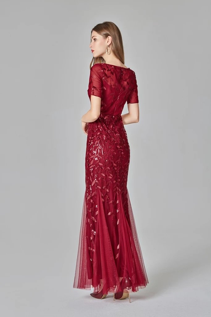 Elegant Mermaid Burgundy Tulle Prom Dresses Bateau Neck Long Evening Dresses XU90801